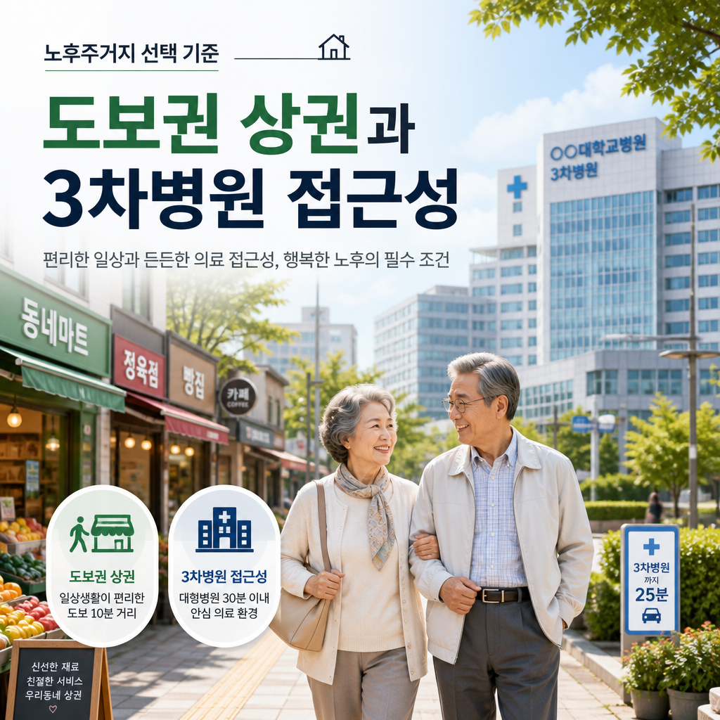 노부부가 활기찬 도심 거리에서 걷는 모습, 도보권 상권과 3차병원 접근성 강조
