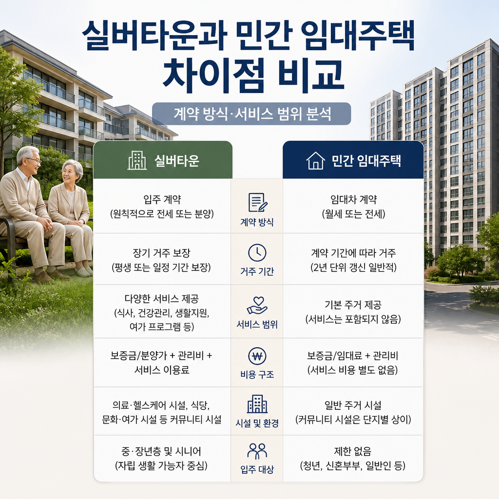 Comparison chart comparing silver towns and private rental housing in Korea