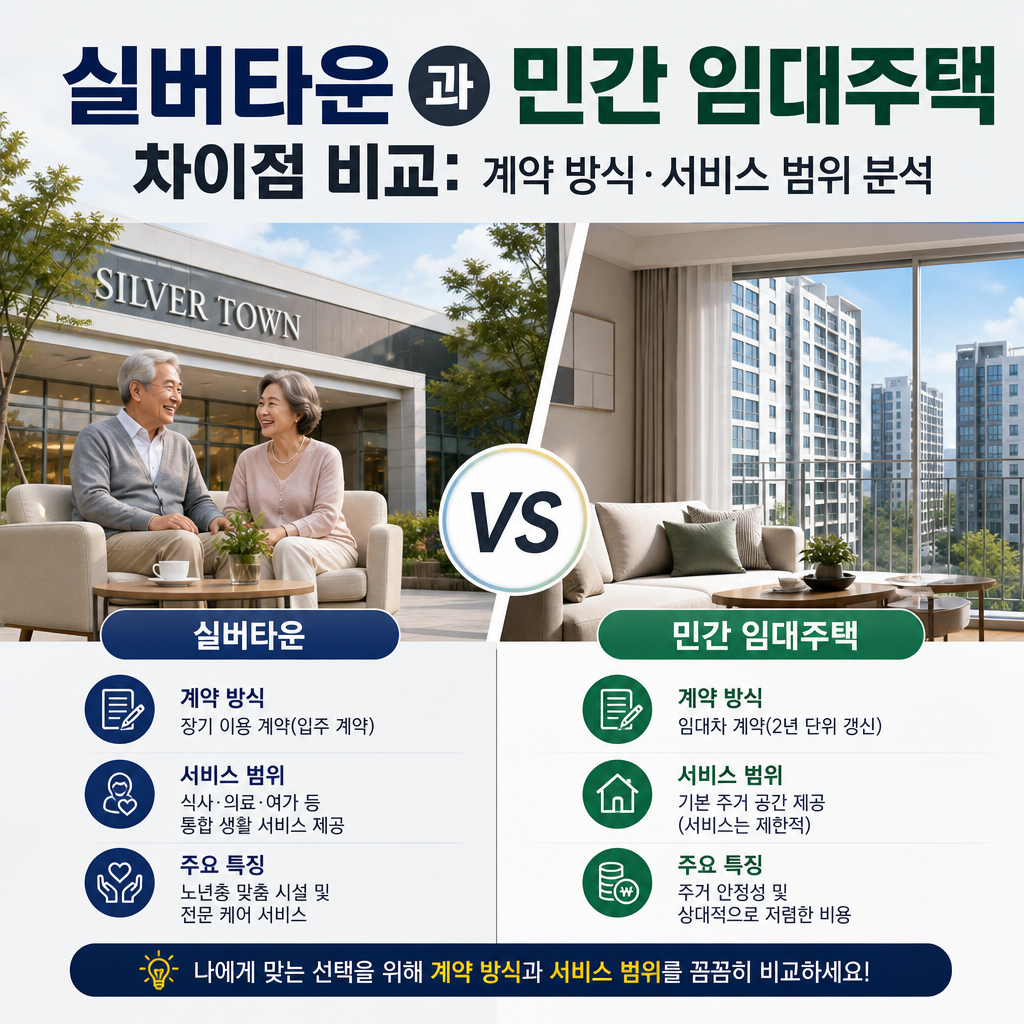 Comparison chart of Silver Town senior housing and private rental housing contracts and service scope in Korea