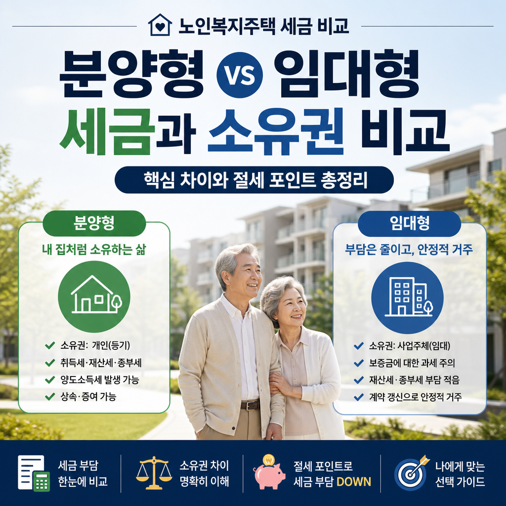 Comparison chart of tax and ownership benefits for sale-type and rental-type senior welfare housing in Korea