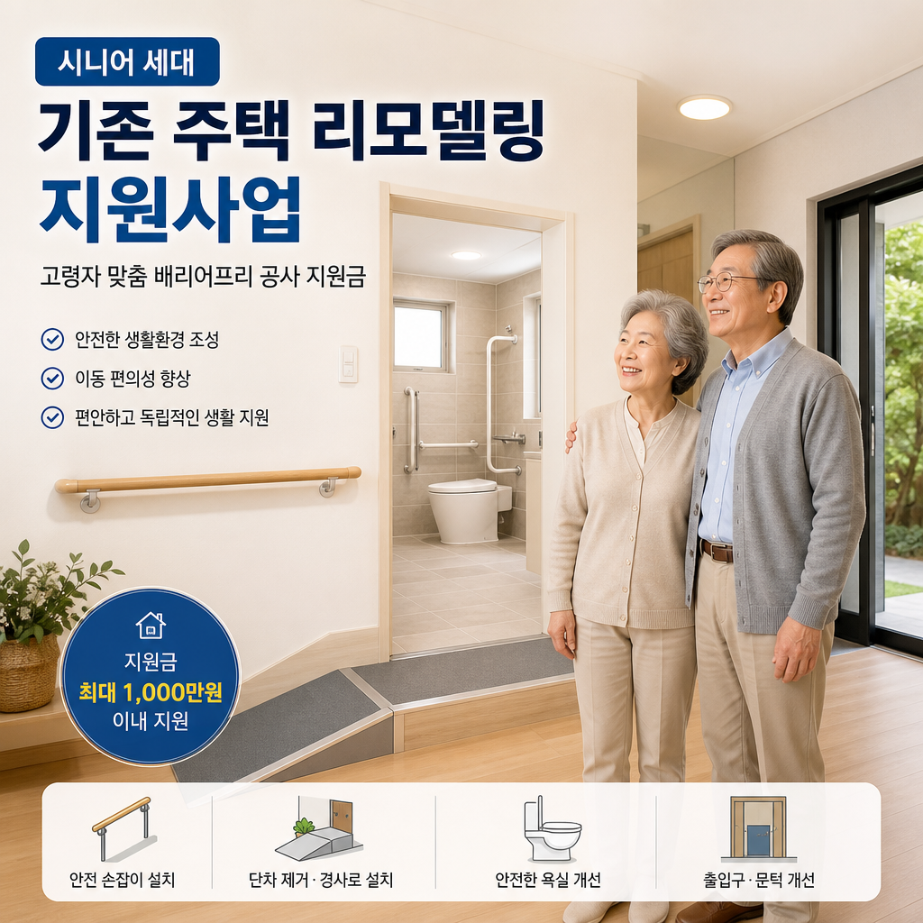 Senior couple standing in a remodeled home with safety and accessibility features for elderly support