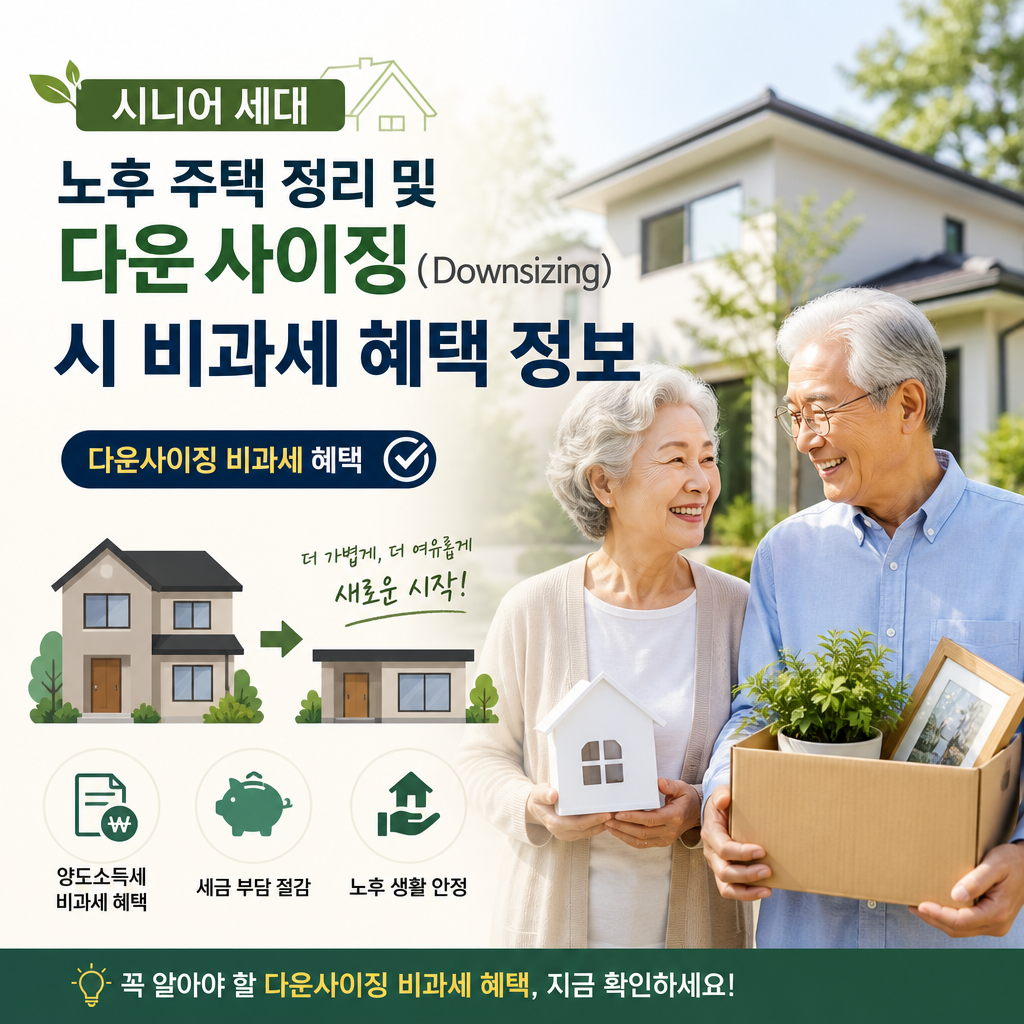 노후 주택 정리와 다운사이징 시 비과세 혜택을 안내하는 정보 이미지