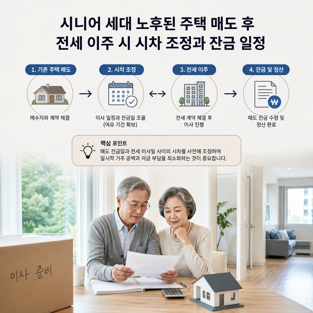 시니어 주택 매도 후 전세 이주 시차와 잔금 일정을 안내하는 정보 이미지