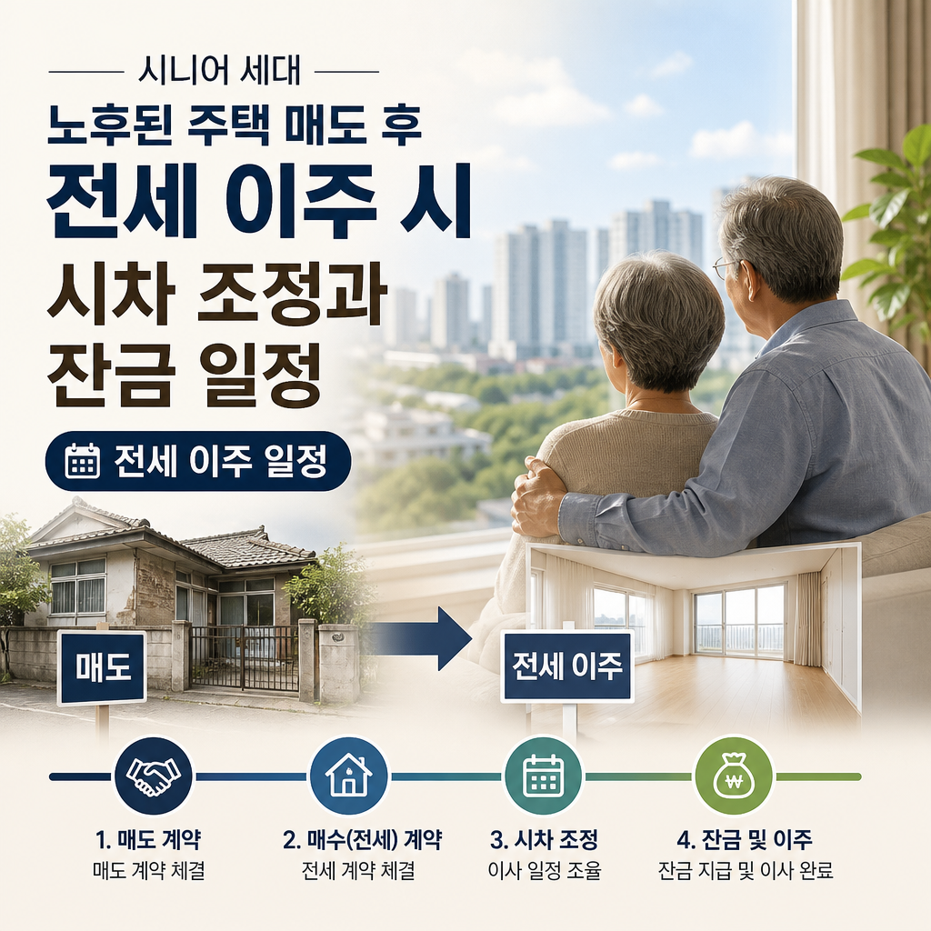 노후 주택 매도 후 전세 이주 시기와 잔금 일정을 보여주는 안내 이미지
