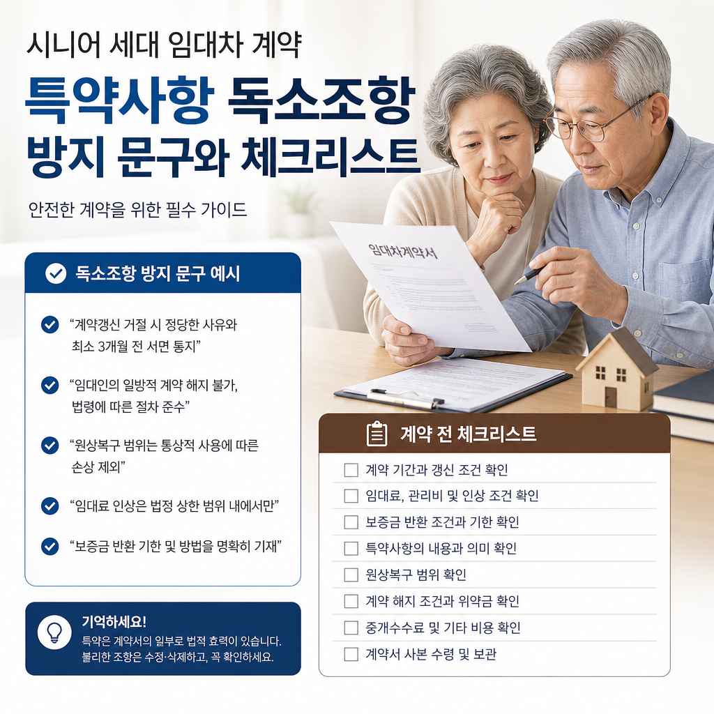 Korean senior couple reviewing a rental contract with a checklist to prevent special-term disputes