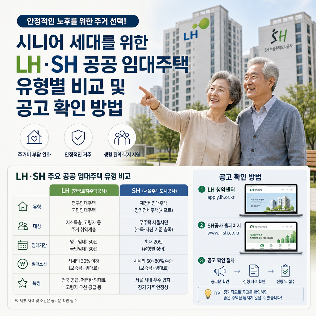 Comparison guide for LH and SH senior public rental housing types in Korea