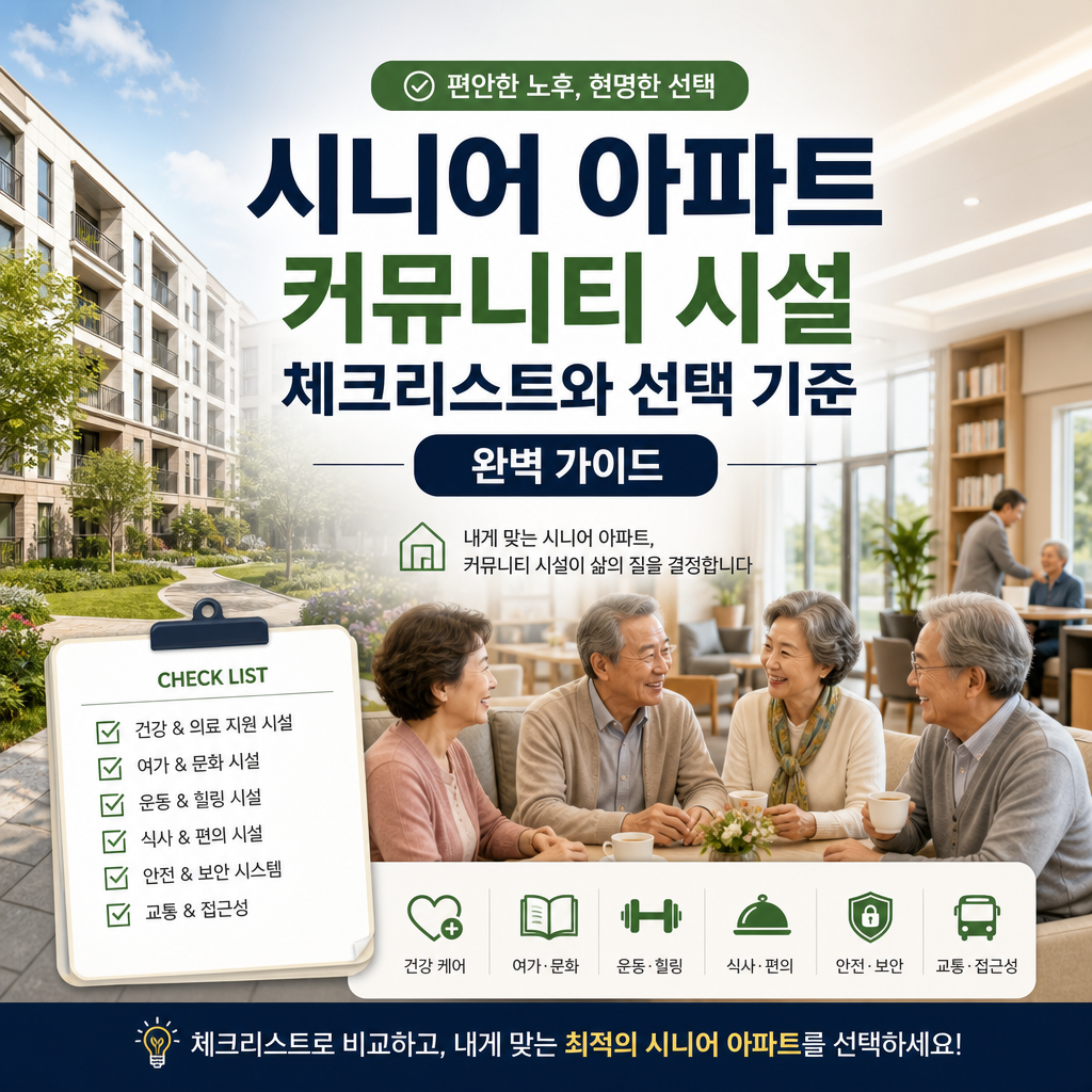 노인 아파트 커뮤니티 시설 체크리스트와 선택 기준을 정리한 한국어 안내 이미지