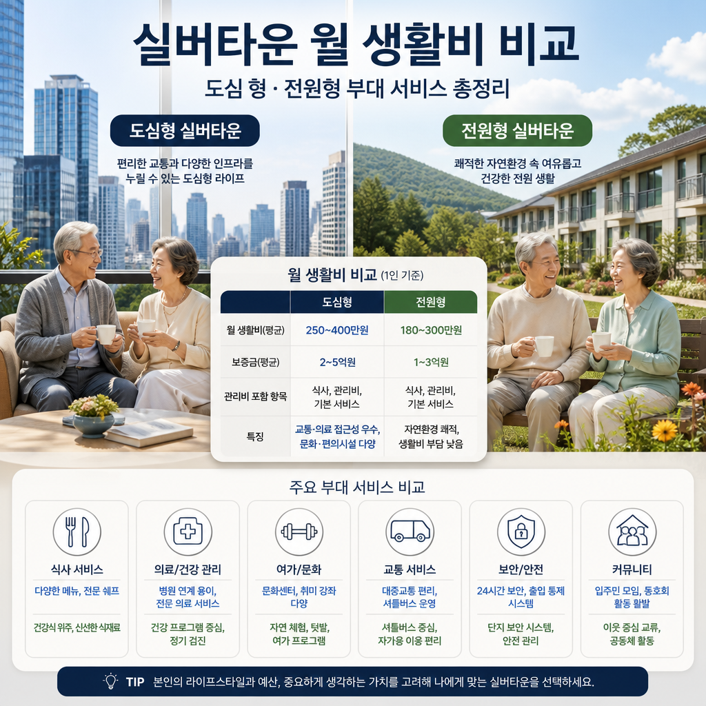 도심형과 전원형 실버타운의 월 생활비와 주요 서비스를 비교한 인포그래픽