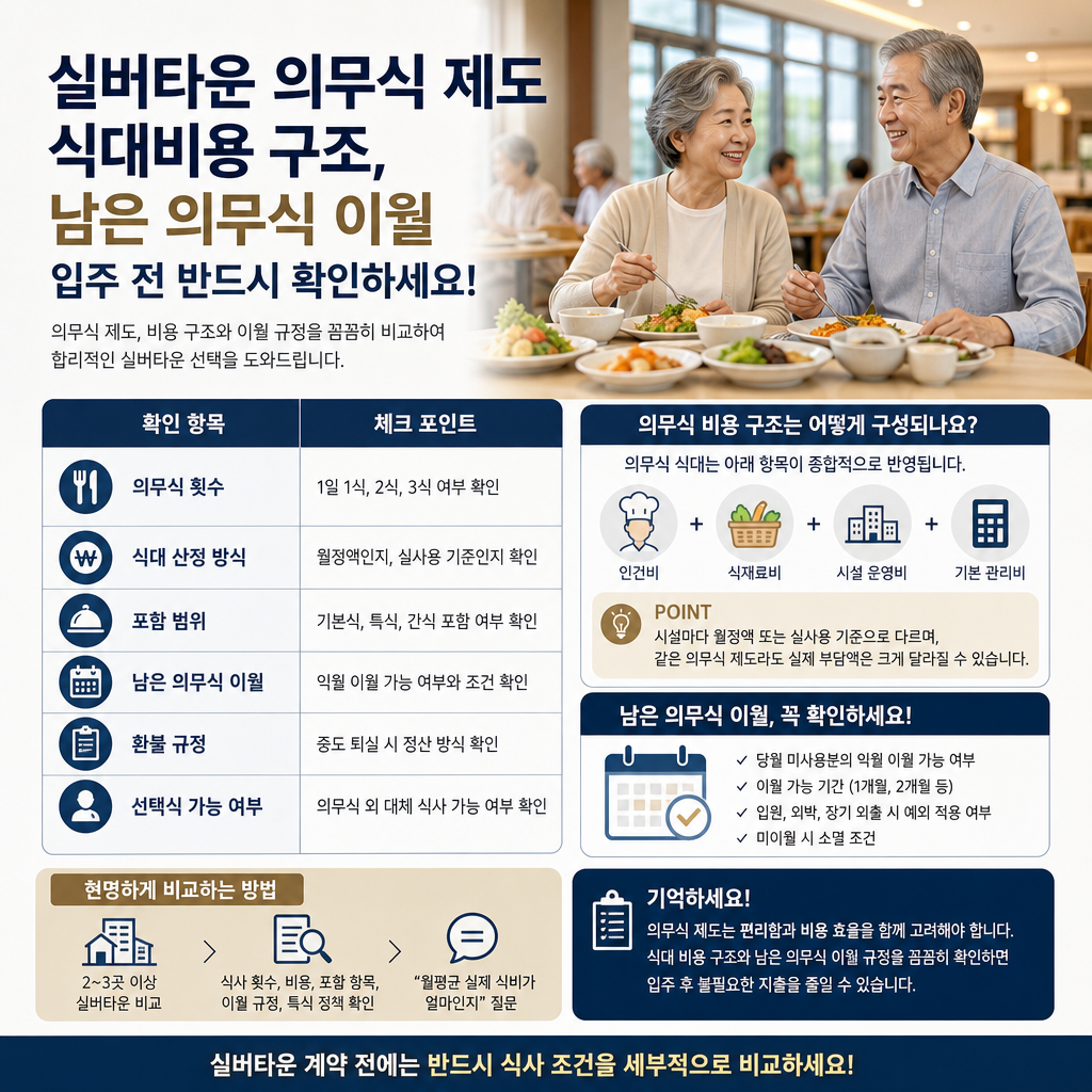 Infographic explaining the Silver Town mandatory meal service system for elderly residents.