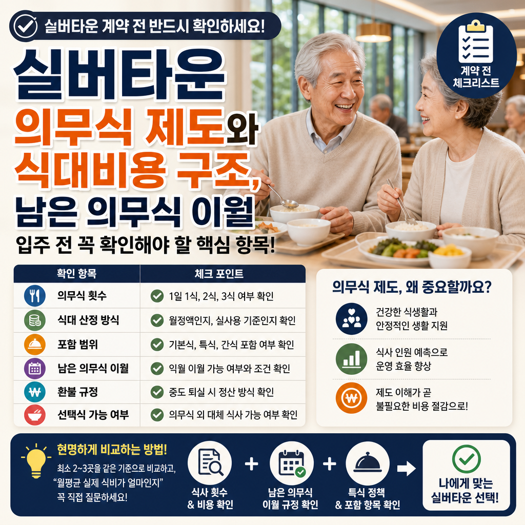 실버타운 의무식 제도와 식대비용 구조를 설명하는 안내 인포그래픽