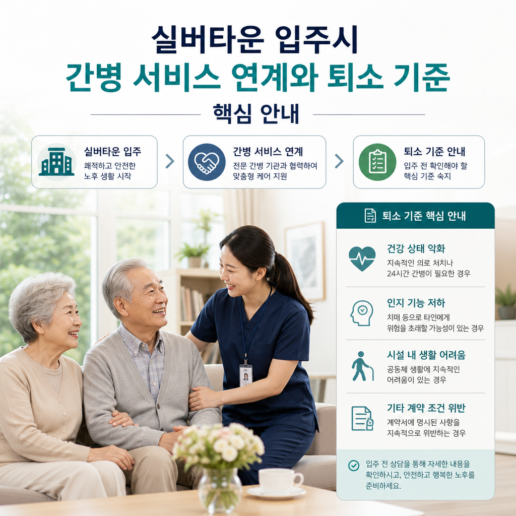 실버타운 입주 시 간병 서비스 연계와 퇴소 기준을 안내하는 핵심 정보 이미지
