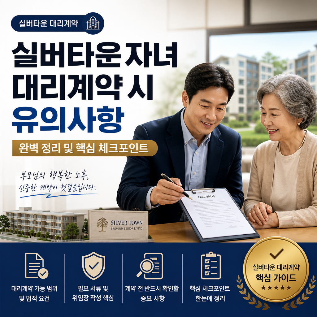 Silver Town 대리계약 시 자녀를 위한 유의사항과 체크포인트를 안내하는 정보 이미지