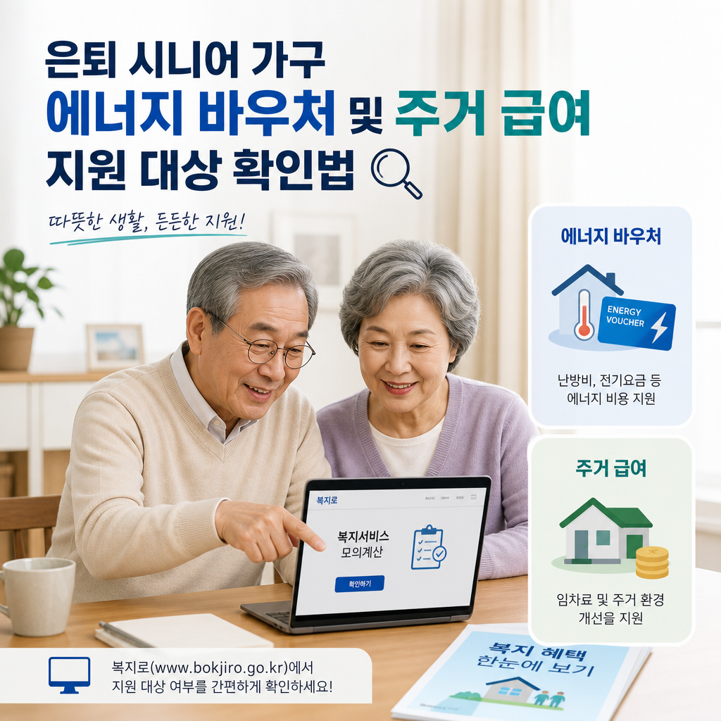 Elderly Korean couple reviewing online eligibility for energy vouchers and housing benefits