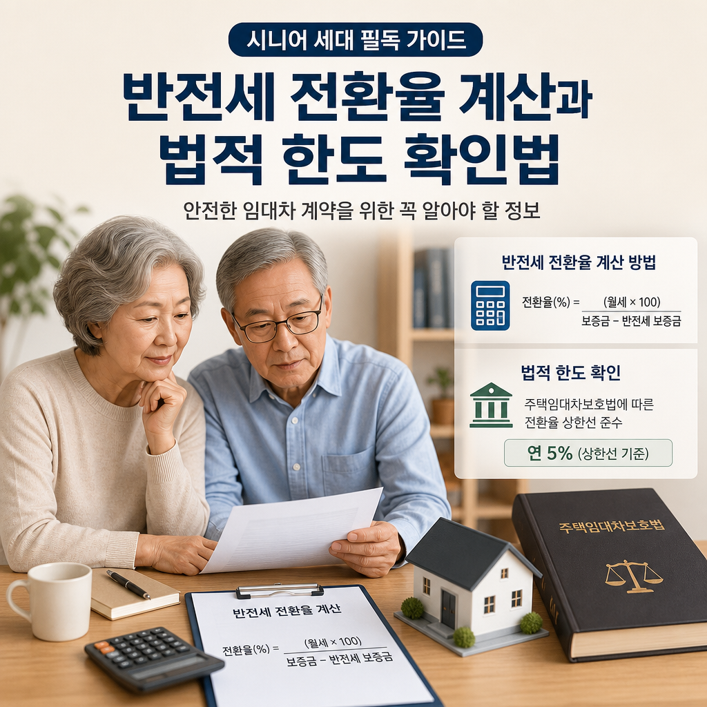 노년 부부가 주택연금 전환 계산서를 함께 보며 반전세 전환율, 법적 확인 방법을 상담하는 모습