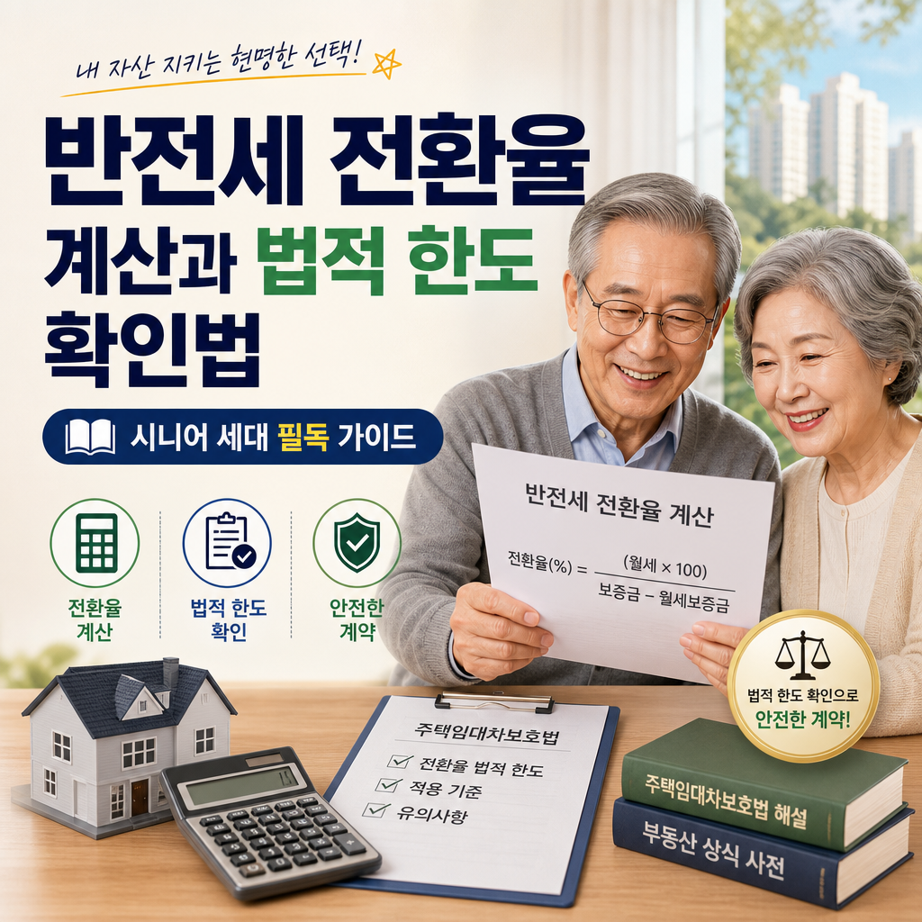 Korean infographic of a smiling senior couple with calculator, house model, documents, and books about rental deposit convers