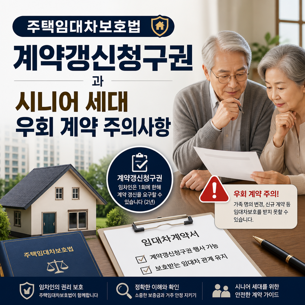 시니어 세대의 주택 보험 계약 신청권과 계약 전 주의사항을 안내하는 홍보 이미지